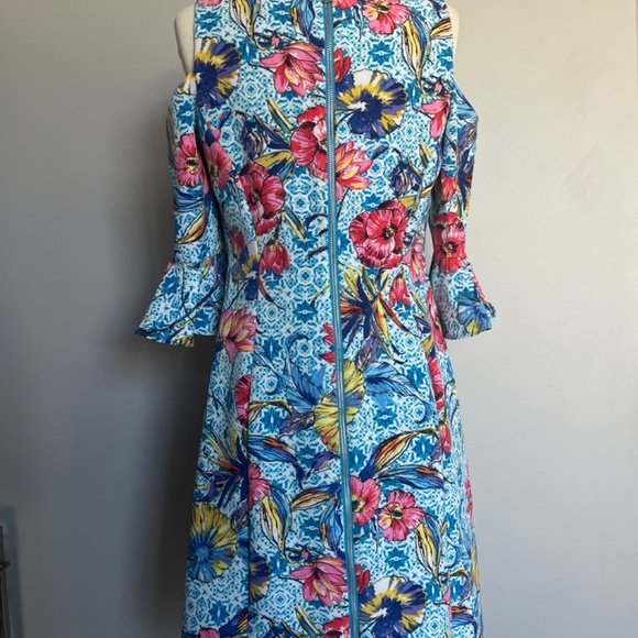 NICOLE MILLER Floral-Print Leaf‎ Turquoise Cold-Shoulder Sheath Cocktail Dress - Picture 5 of 15